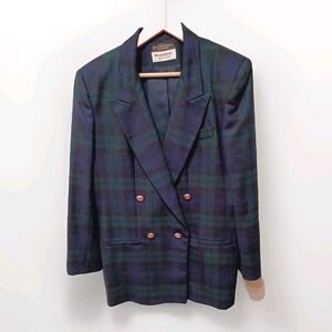 Wheaton and KatzLtd Wool Green And Blue Plaid Double Breasted Blazer Jacket...